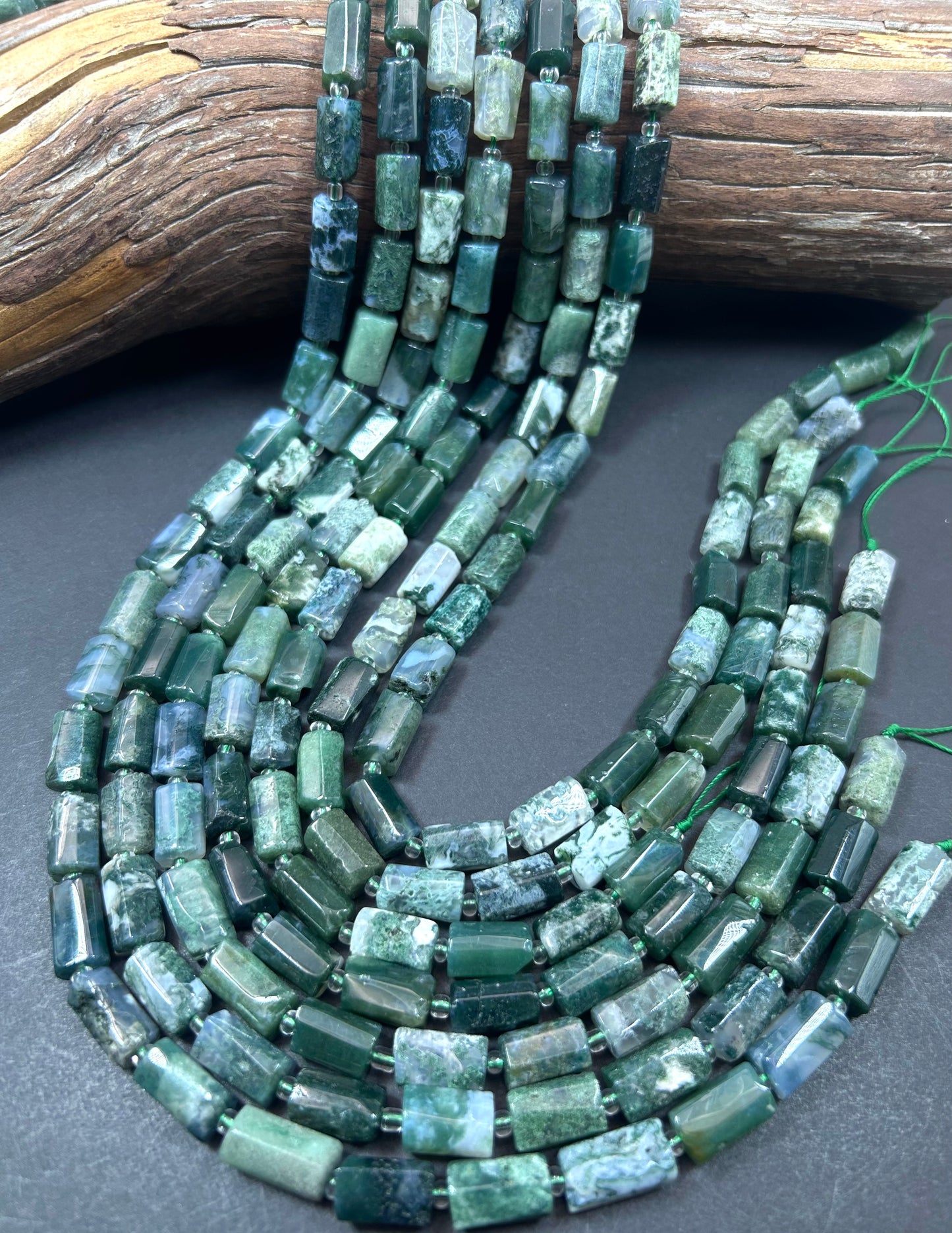 Natural Green Moss Agate Gemstone Bead Faceted 6.5x10-12mm tube , Beautiful Natural Green Color Moss Agate Stone Beads, Full Strand 15.5"
