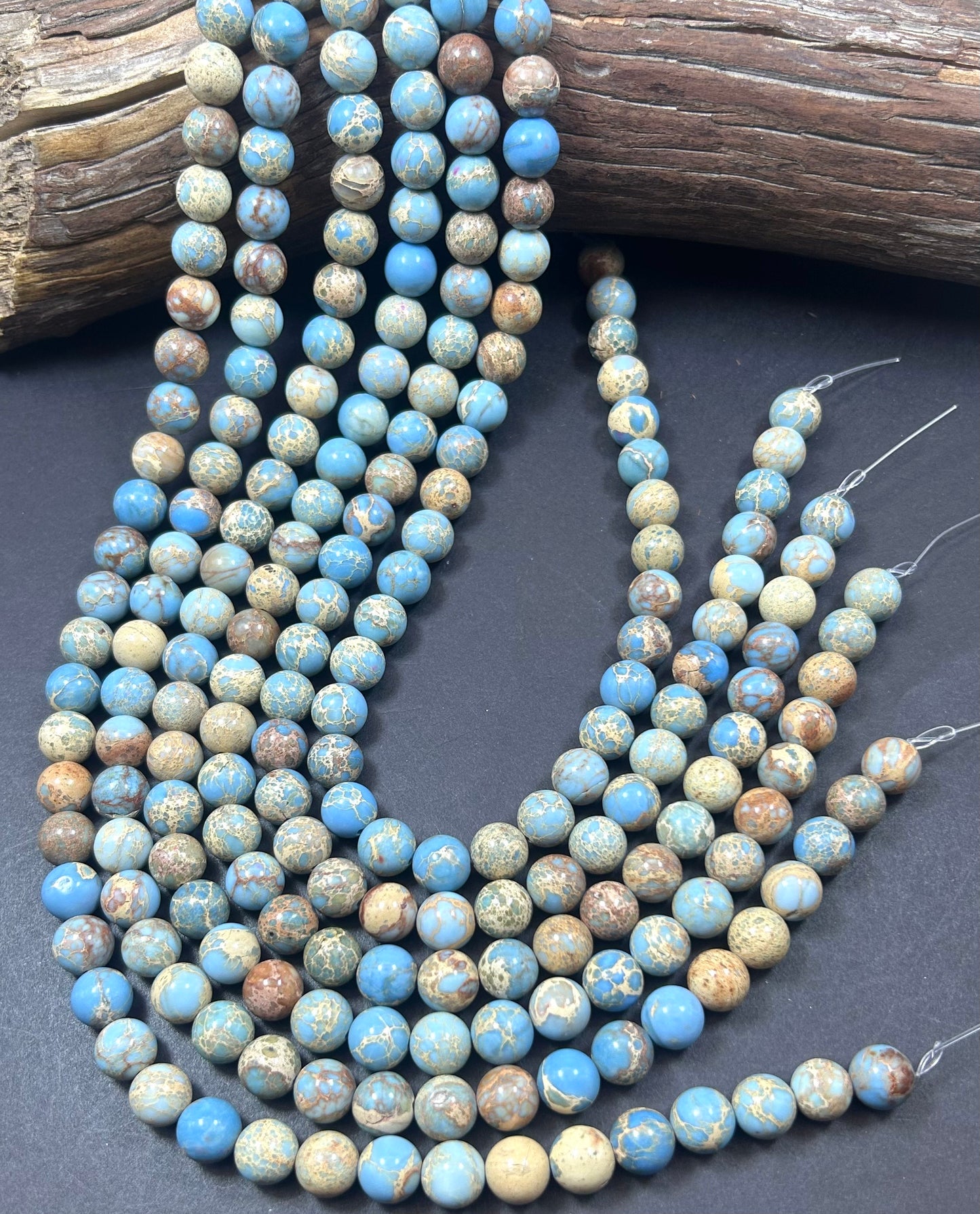 Natural Sea Sediment  Gemstone Bead 6mm 8mm 10mm Round Beads, Beautiful light Blue Beige Color Imperial  Beads Full Strand 15.5"