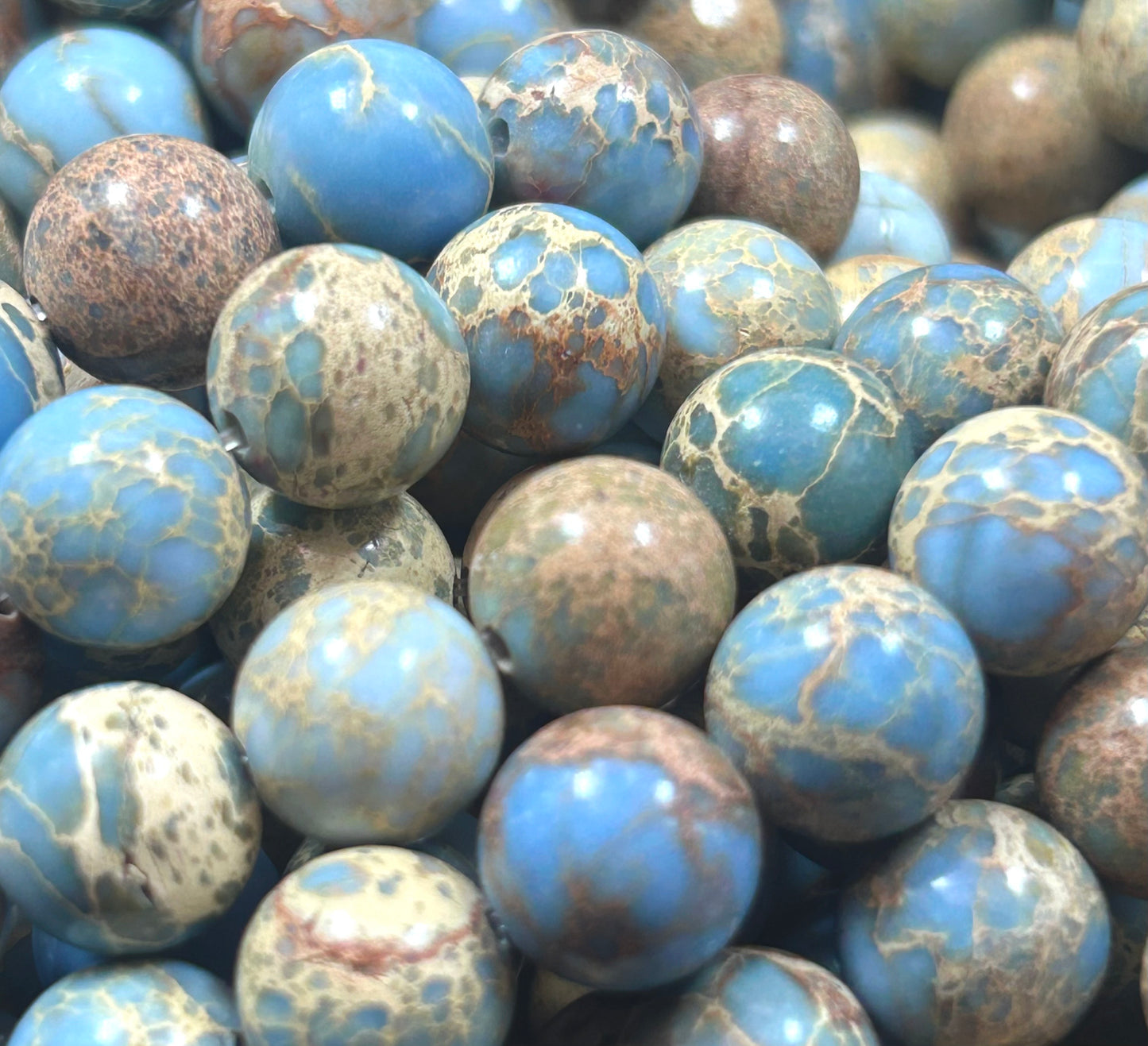Natural Sea Sediment  Gemstone Bead 6mm 8mm 10mm Round Beads, Beautiful light Blue Beige Color Imperial  Beads Full Strand 15.5"