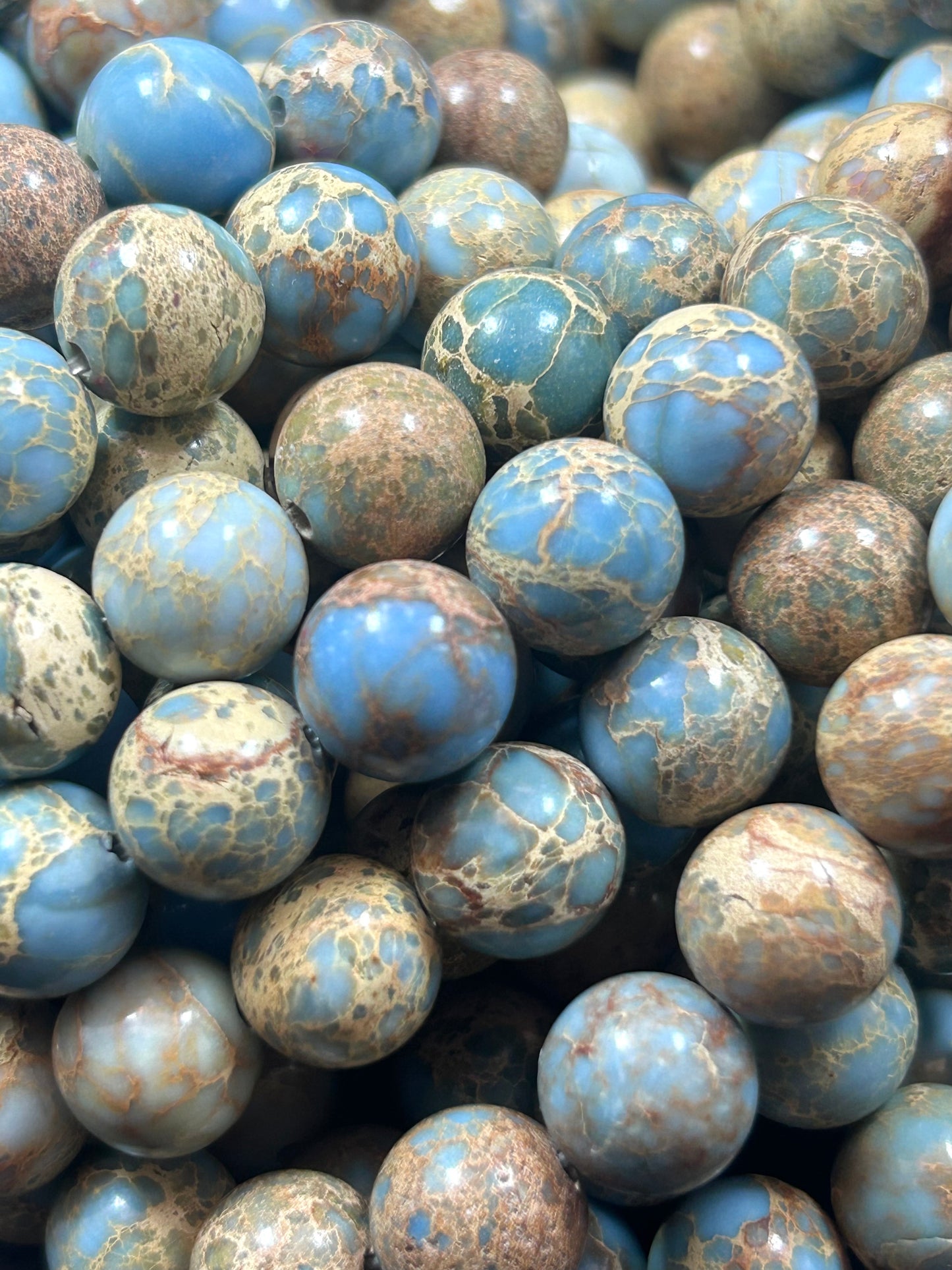 Natural Sea Sediment  Gemstone Bead 6mm 8mm 10mm Round Beads, Beautiful light Blue Beige Color Imperial  Beads Full Strand 15.5"