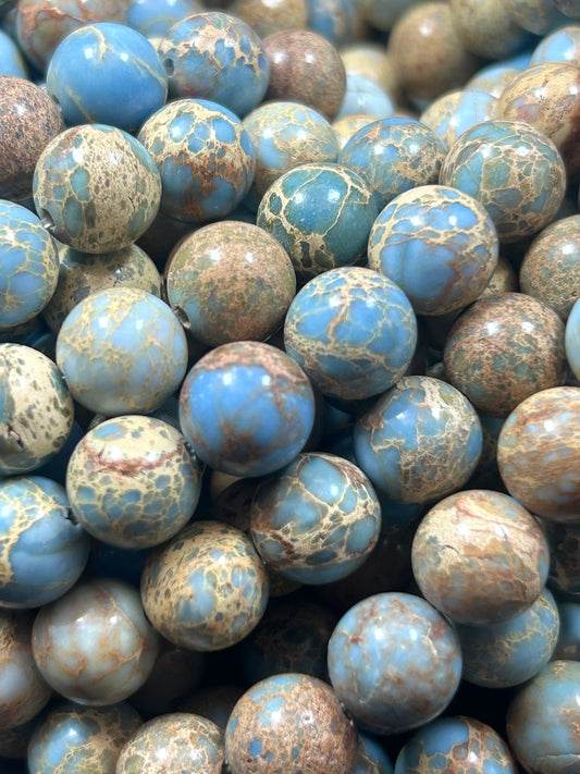 Natural Sea Sediment  Gemstone Bead 6mm 8mm 10mm Round Beads, Beautiful light Blue Beige Color Imperial  Beads Full Strand 15.5"