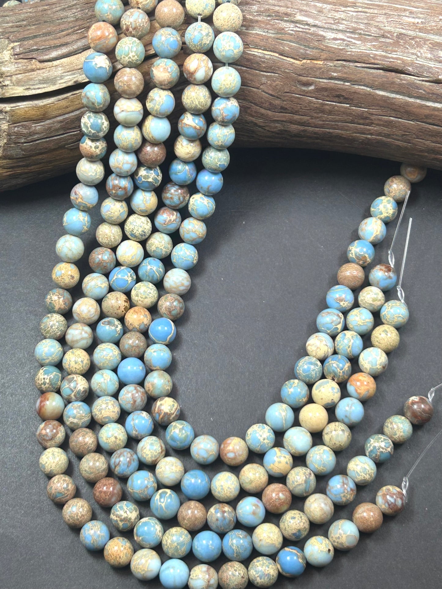 Natural Sea Sediment  Gemstone Bead 6mm 8mm 10mm Round Beads, Beautiful light Blue Beige Color Imperial  Beads Full Strand 15.5"