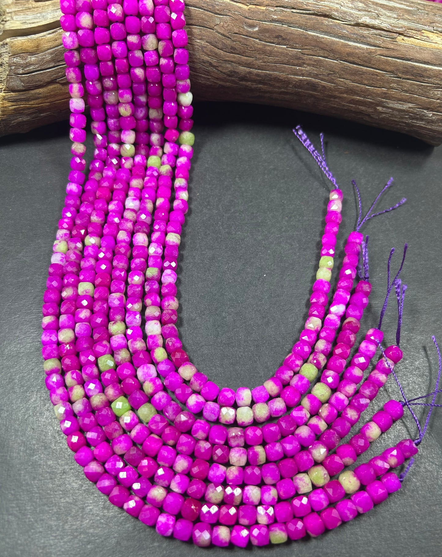 Natural gemstone bead. faceted cube shape bead. Hot Pink with Green jade gemstone bead. excellent quality. full strand 15.5”