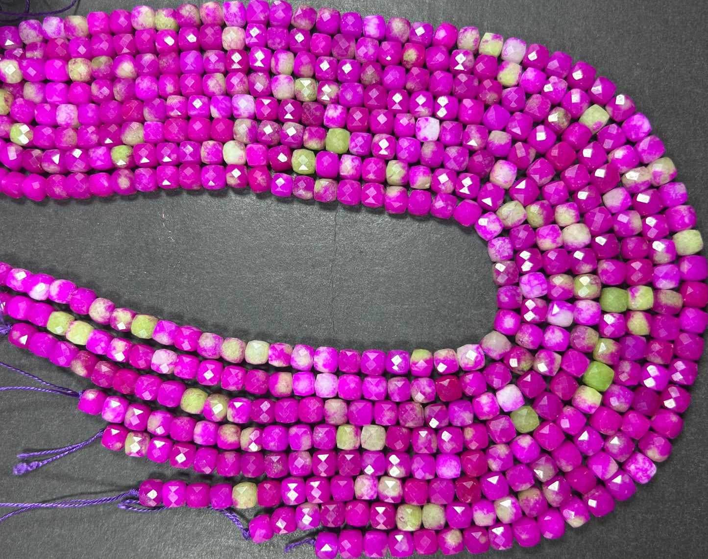 Natural gemstone bead. faceted cube shape bead. Hot Pink with Green jade gemstone bead. excellent quality. full strand 15.5”
