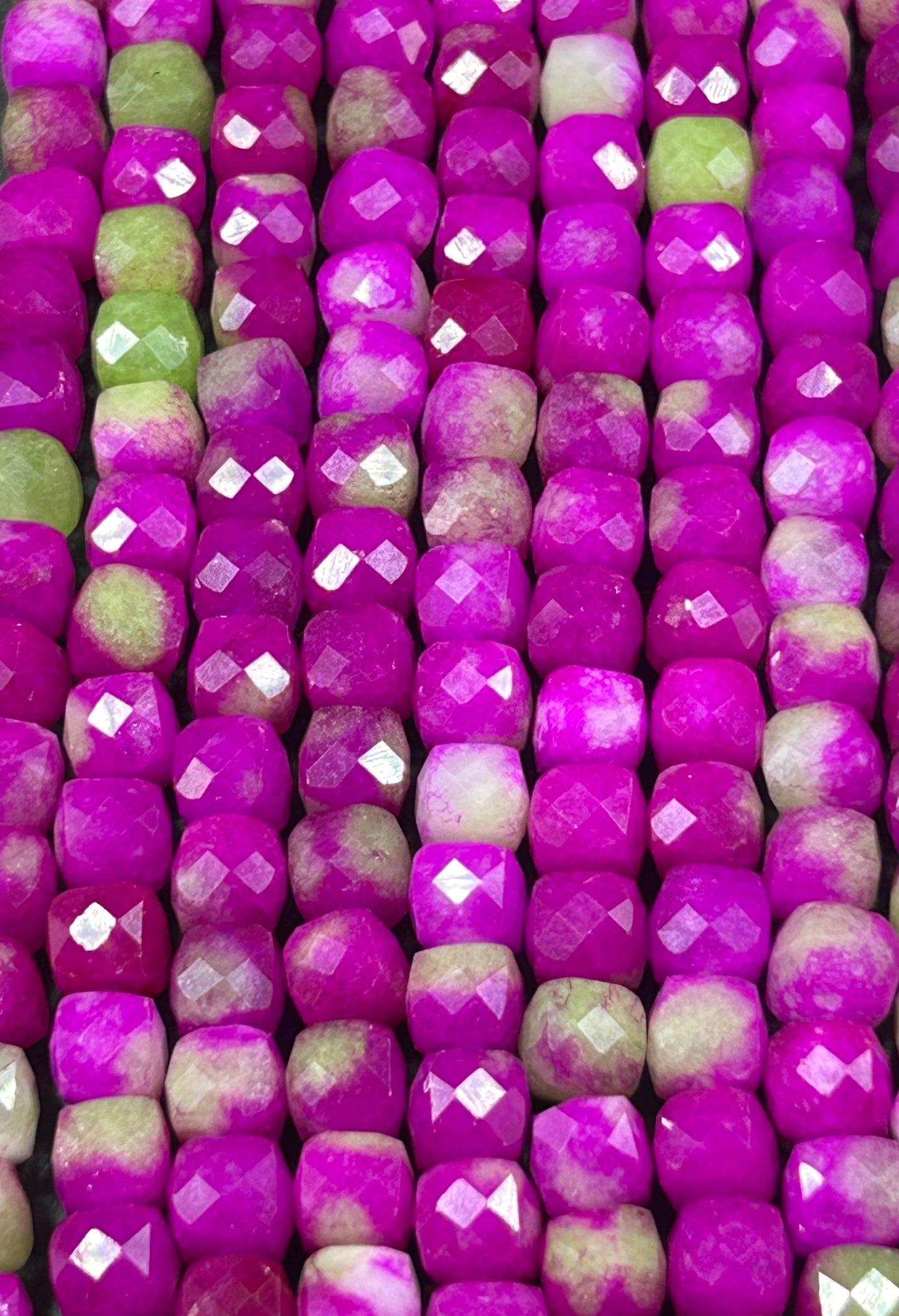 Natural gemstone bead. faceted cube shape bead. Hot Pink with Green jade gemstone bead. excellent quality. full strand 15.5”