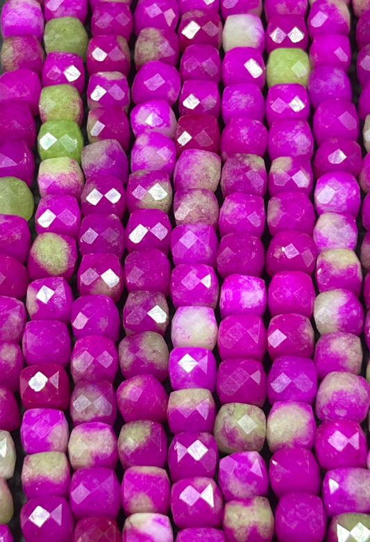 Natural gemstone bead. faceted cube shape bead. Hot Pink with Green jade gemstone bead. excellent quality. full strand 15.5”