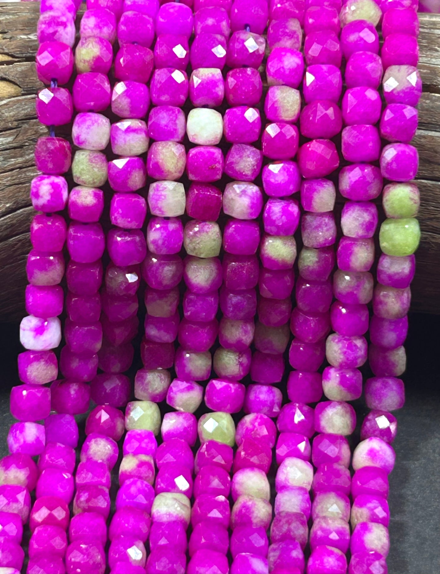 Natural gemstone bead. faceted cube shape bead. Hot Pink with Green jade gemstone bead. excellent quality. full strand 15.5”