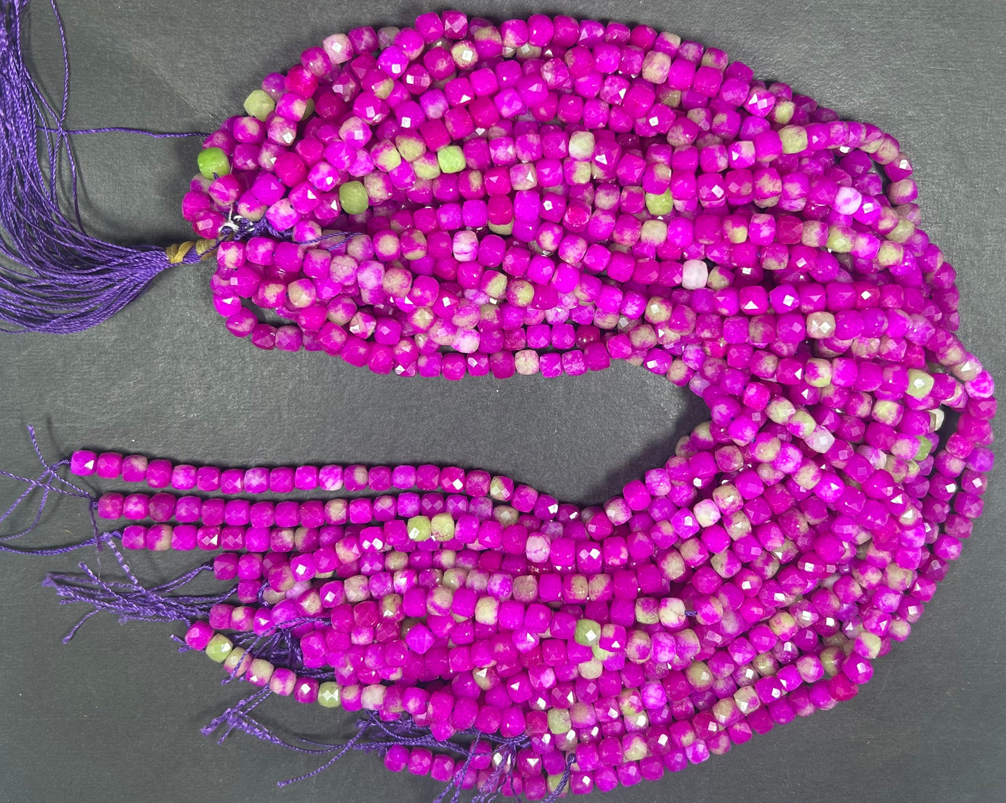 Natural gemstone bead. faceted cube shape bead. Hot Pink with Green jade gemstone bead. excellent quality. full strand 15.5”
