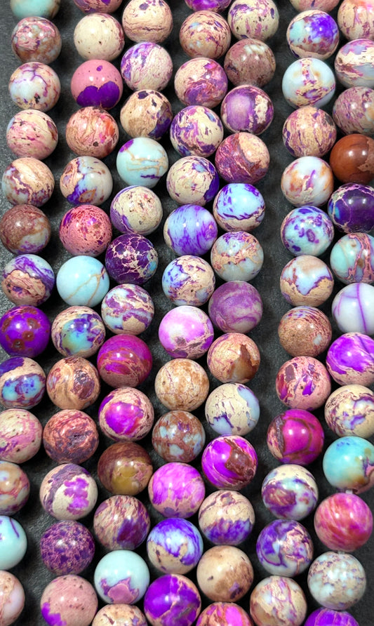 Natural Sea Sediment Jasper Gemstone Bead 6mm 8mm 10mm Round Beads Beautiful Purple Blue Beige Color Imperial Jasper Beads Full Strand 15.5"