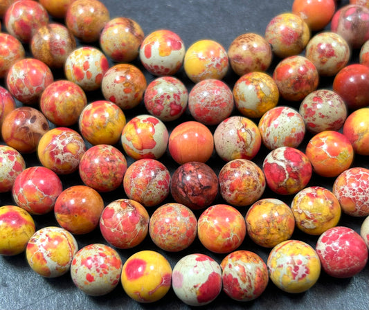 Natural Sunburst  Sea Sediment Jasper Gemstone Bead 8mm Round Beads, Beautiful  red , yellow Imperial Jasper Beads Full Strand 15.5"