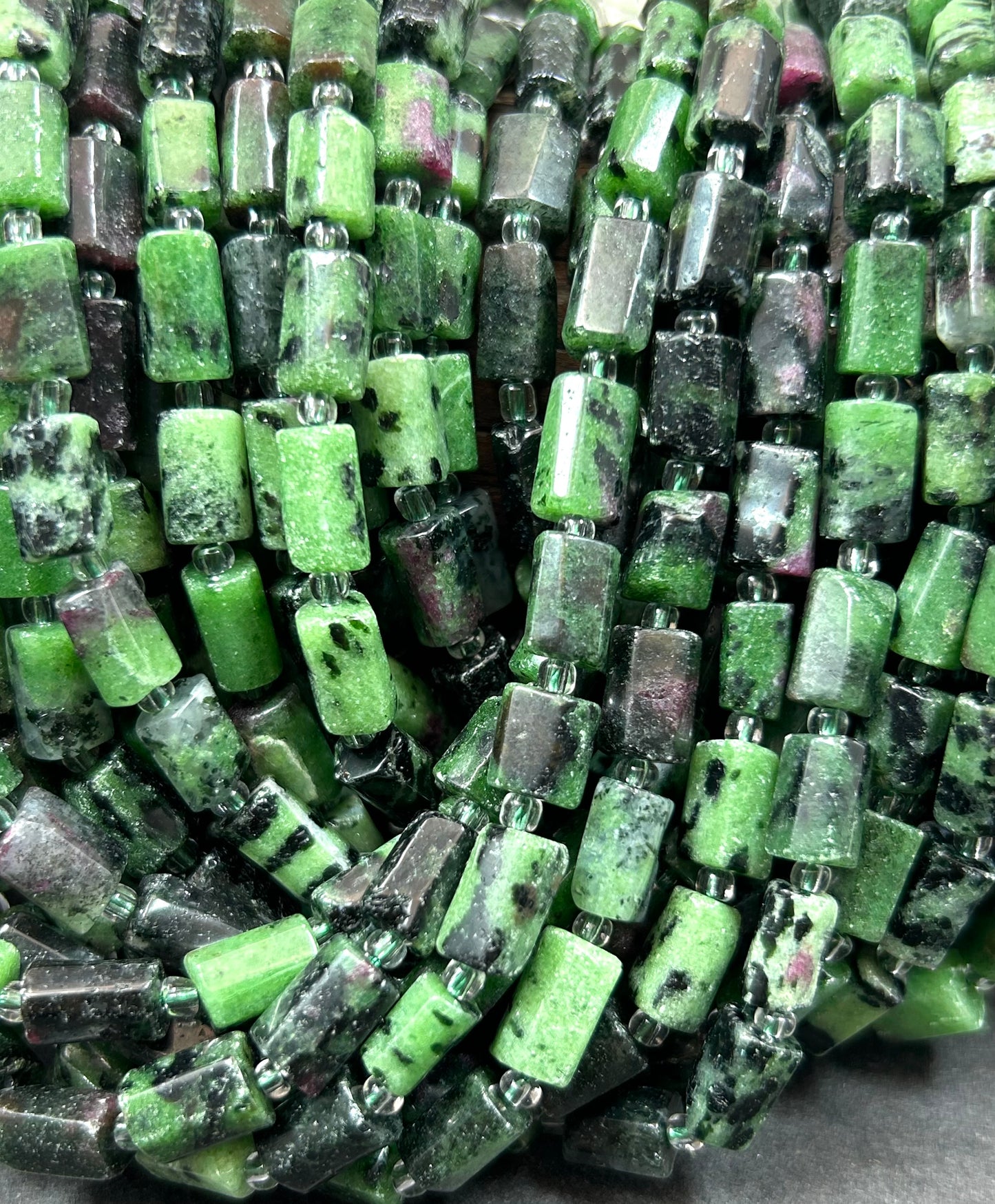 AAA Natural Ruby Zoisite stone bead. Faceted Tube shape. Gorgeous natural Green & dash of red 5,6x9,10mm Nice quality gemstone