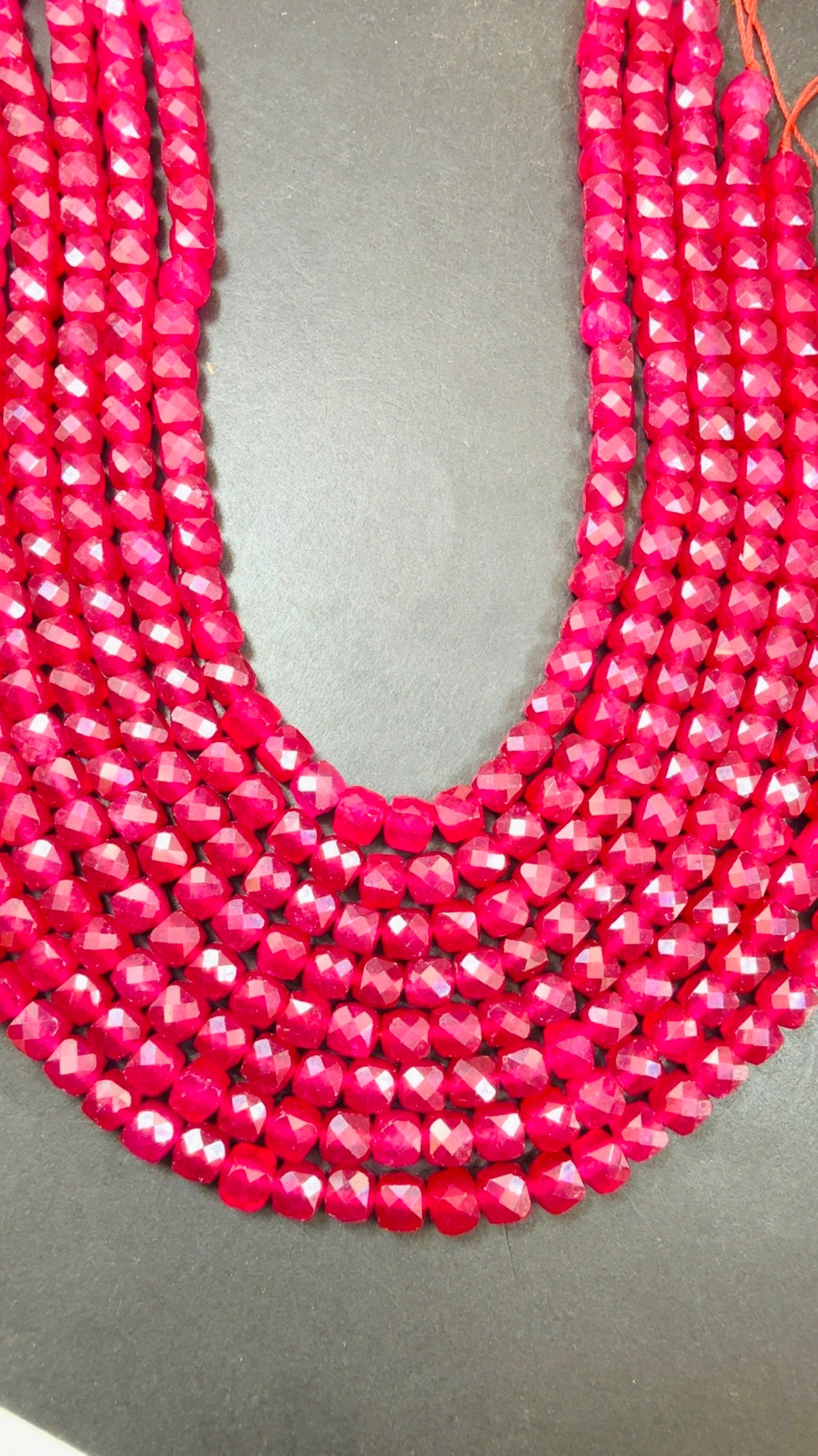 Natural Ruby jade bead . Faceted 6mm cube shape bead. Beautiful natural Hot Pink Ruby Color. Full strand 15.5”