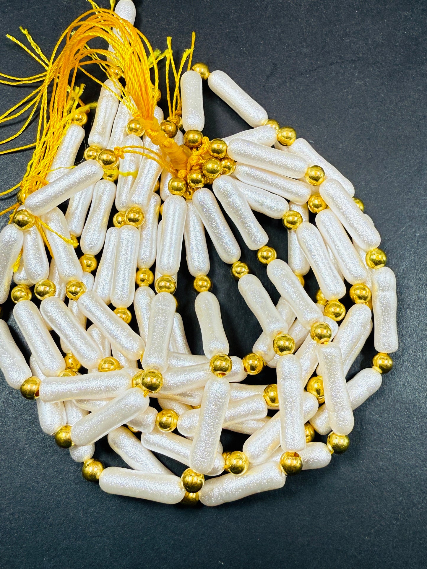Chinese Swarovski Pearl Crystal Beads. Freefrom Biwa stick shaped pearls, Beautiful White Swarovski Crystal Pearl with golden ball 15.5"