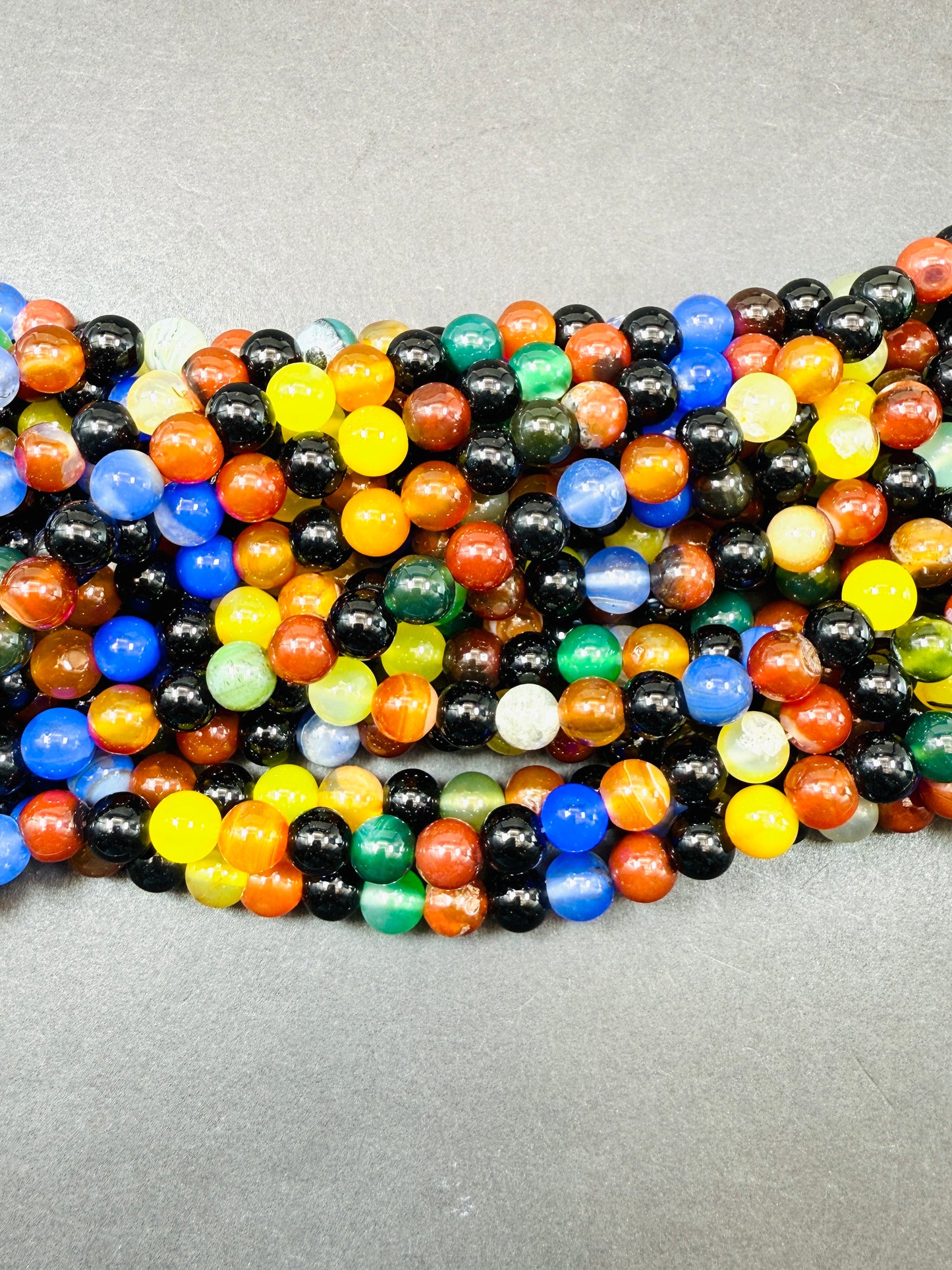 Natural multi color black jade gemstone bead. Smooth Round shape stone bead. Unique black, yellow,blue, green and brown color jade beads.