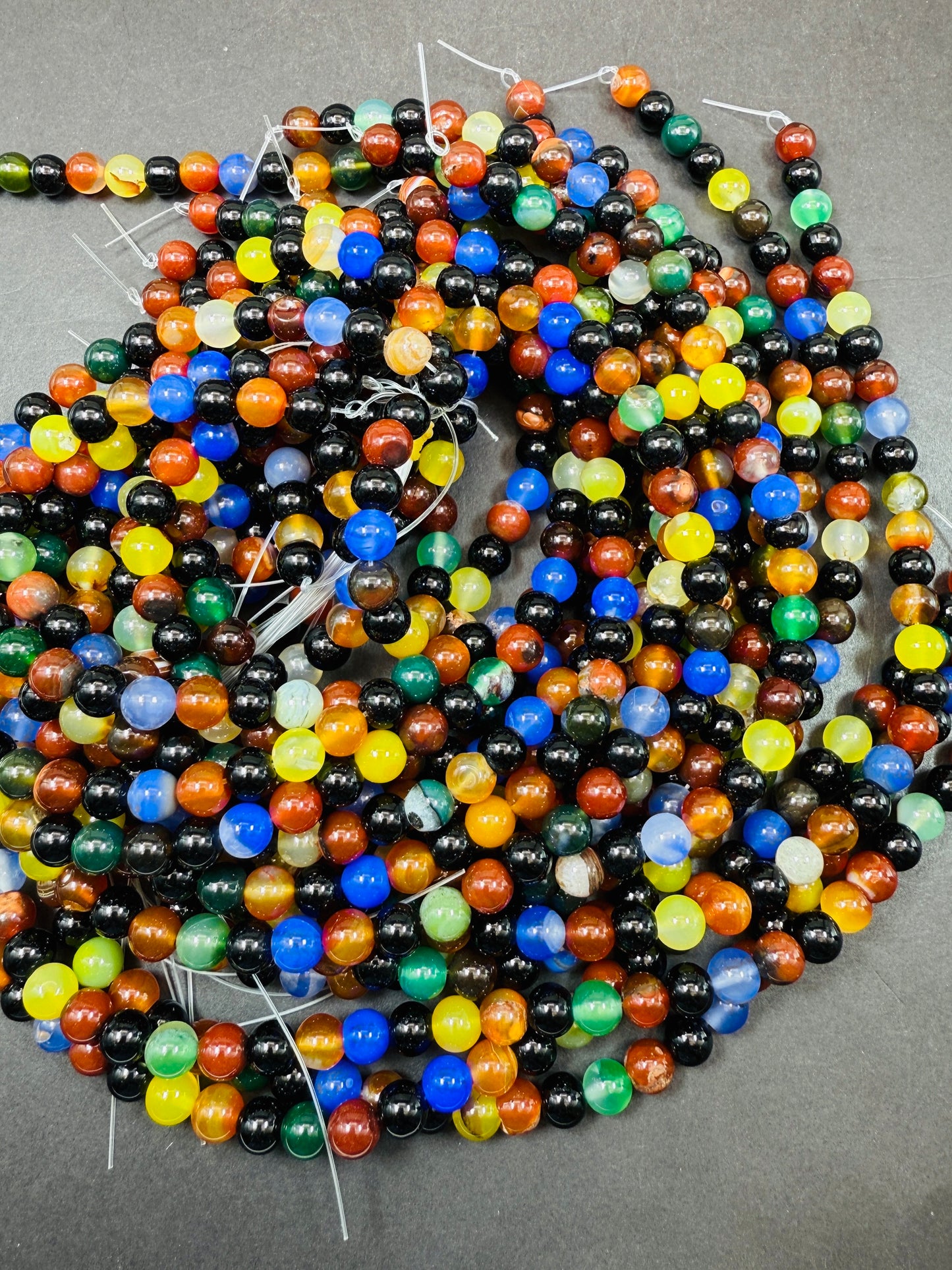 Natural multi color black jade gemstone bead. Smooth Round shape stone bead. Unique black, yellow,blue, green and brown color jade beads.