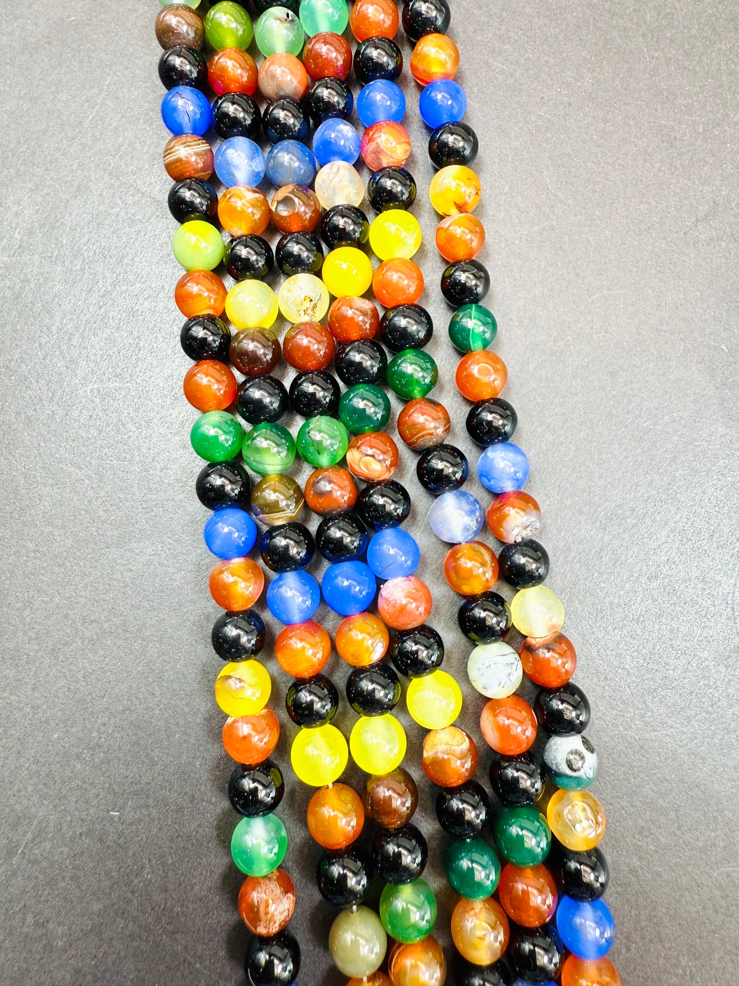 Natural multi color black jade gemstone bead. Smooth Round shape stone bead. Unique black, yellow,blue, green and brown color jade beads.