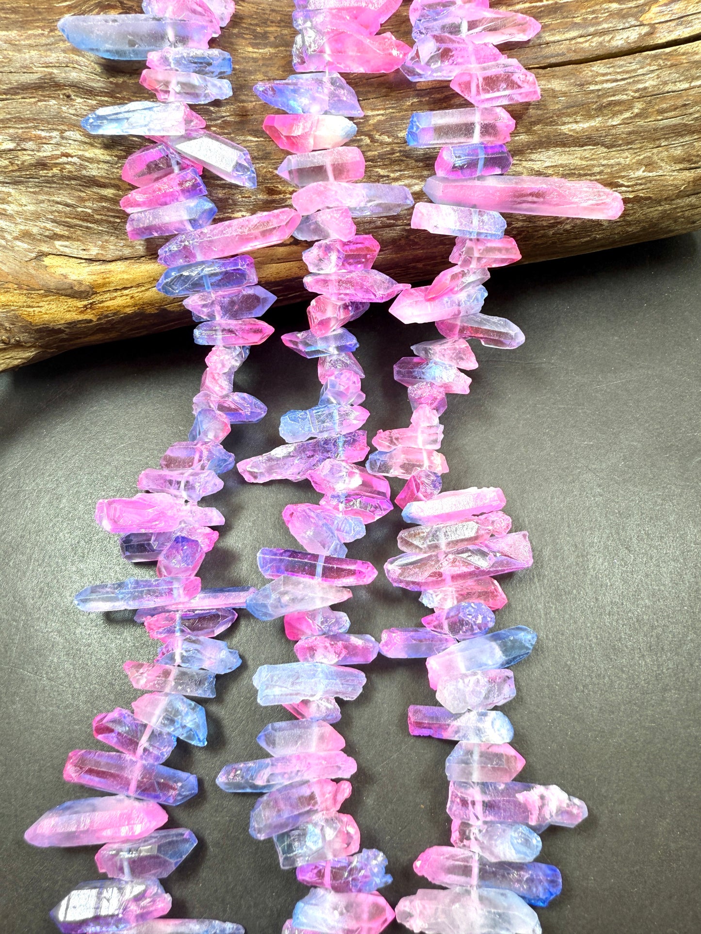 AAA Natural Cotton Candy color rock quartz crystal stone bead. Freedom stick shape. Gorgeous blue pink rainbow color quartz crystal bead. 15.5”