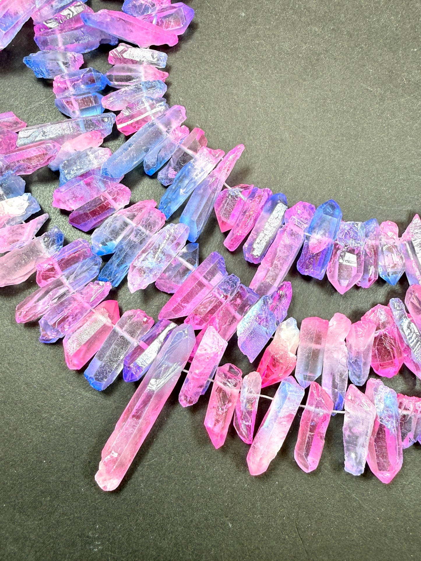 AAA Natural Cotton Candy color rock quartz crystal stone bead. Freedom stick shape. Gorgeous blue pink rainbow color quartz crystal bead. 15.5”