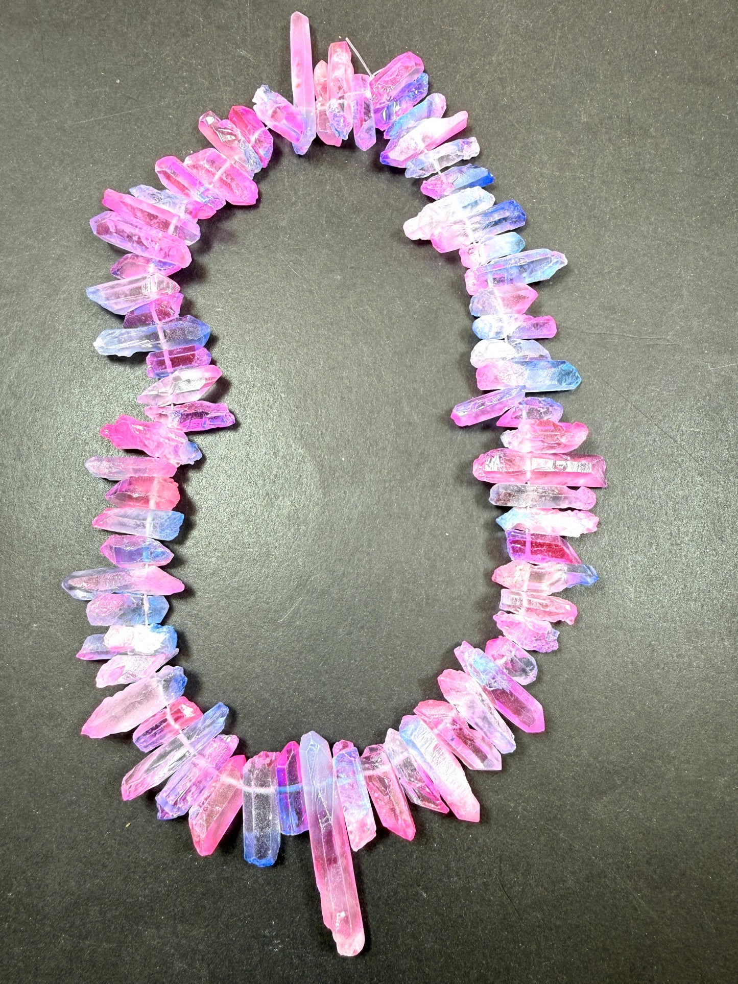 AAA Natural Cotton Candy color rock quartz crystal stone bead. Freedom stick shape. Gorgeous blue pink rainbow color quartz crystal bead. 15.5”