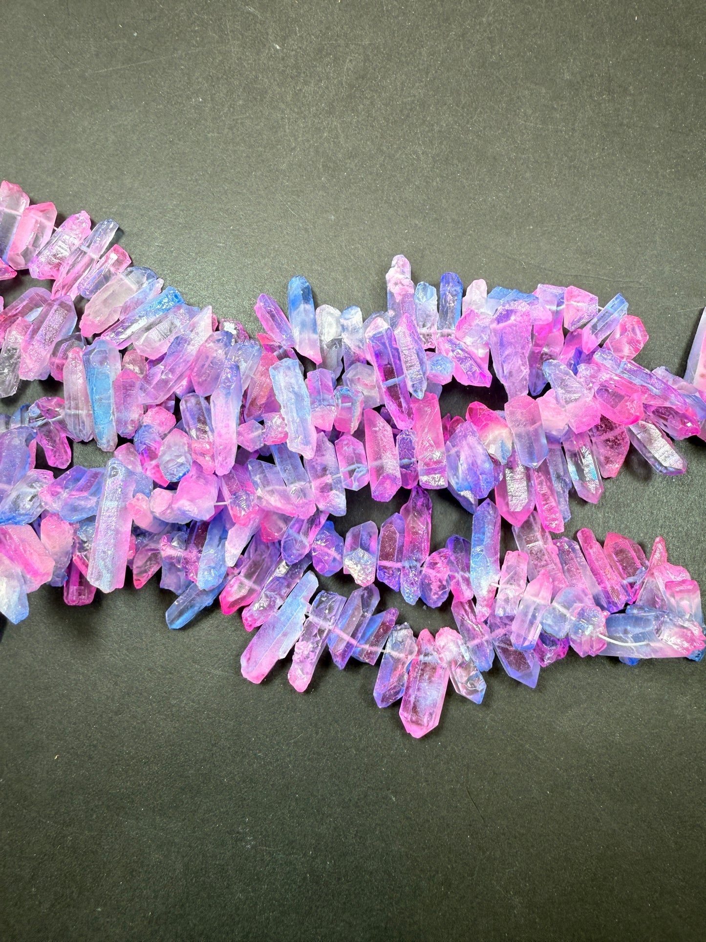 AAA Natural Cotton Candy color rock quartz crystal stone bead. Freedom stick shape. Gorgeous blue pink rainbow color quartz crystal bead. 15.5”