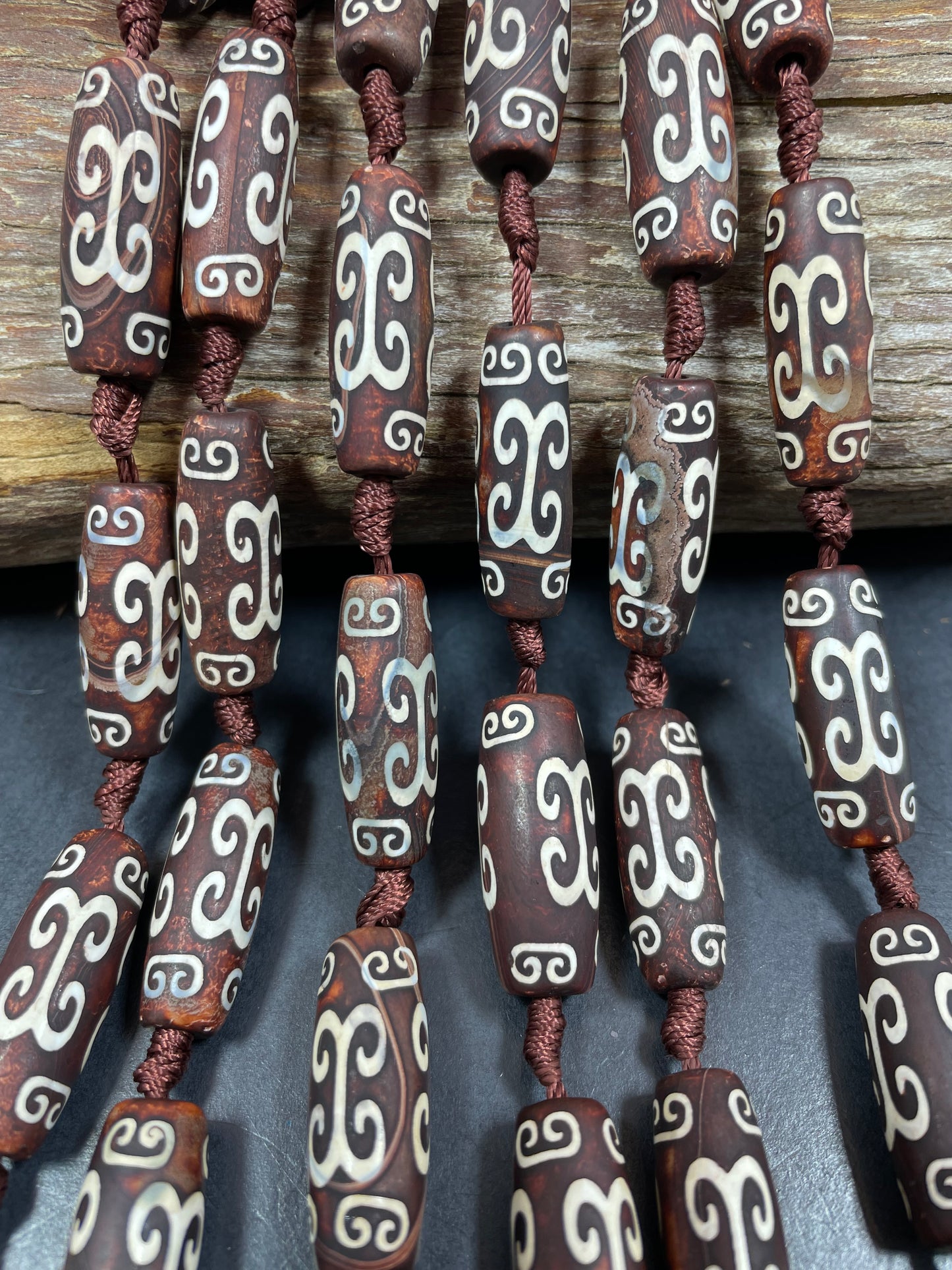 Natural Hand Painted Tibetan Agate Gemstone Beads 30x10mm, 40x15mm Barrel Tube Shape Bead 15.5"