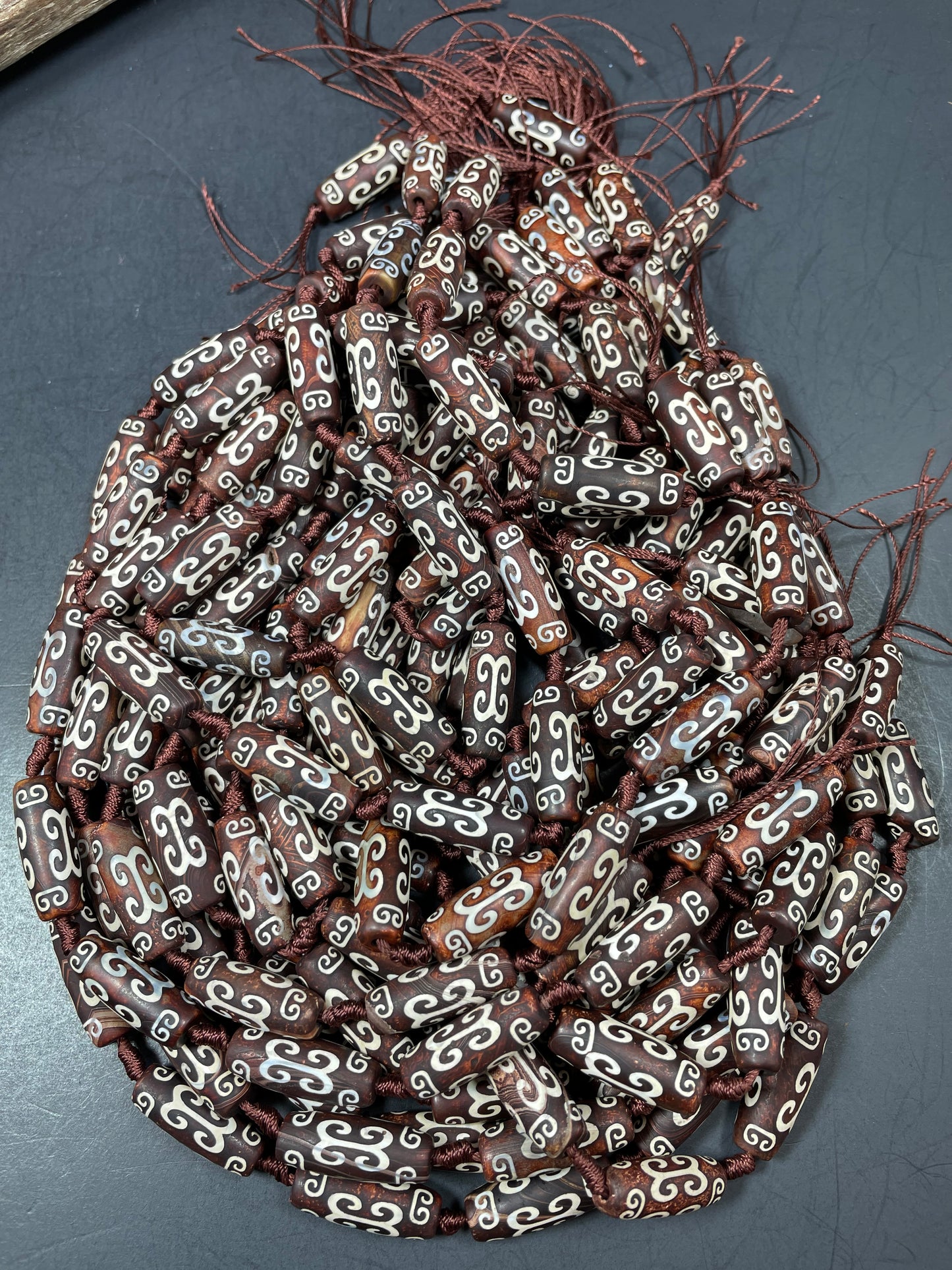 Natural Hand Painted Tibetan Agate Gemstone Beads 30x10mm, 40x15mm Barrel Tube Shape Bead 15.5"