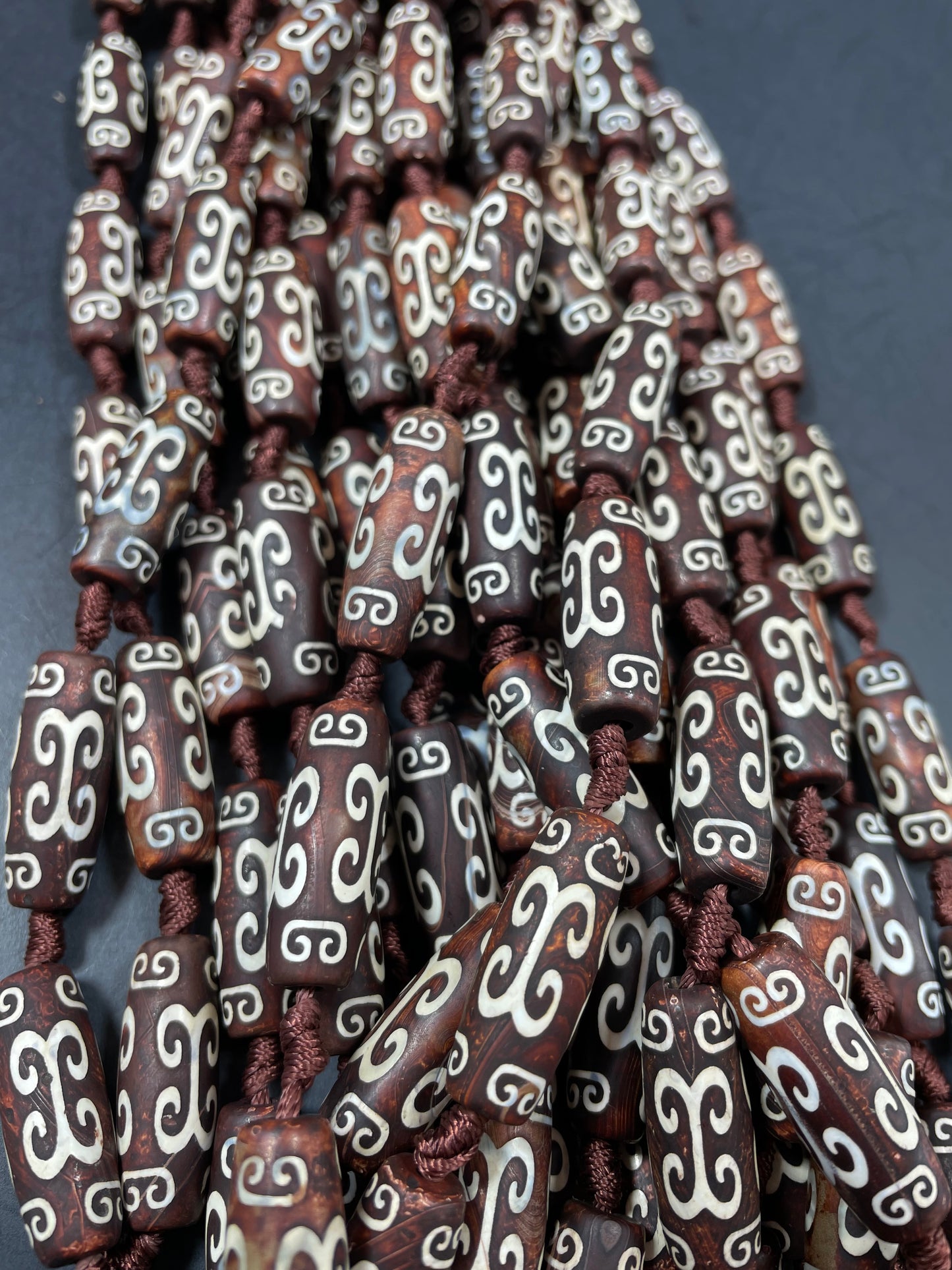 Natural Hand Painted Tibetan Agate Gemstone Beads 30x10mm, 40x15mm Barrel Tube Shape Bead 15.5"