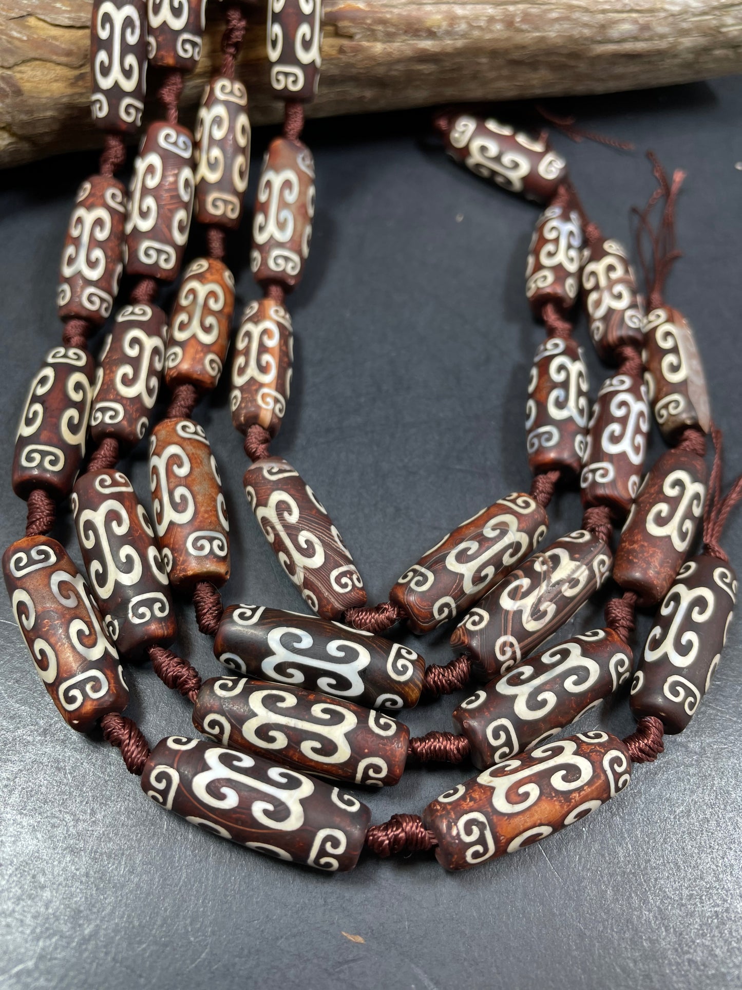 Natural Hand Painted Tibetan Agate Gemstone Beads 30x10mm, 40x15mm Barrel Tube Shape Bead 15.5"