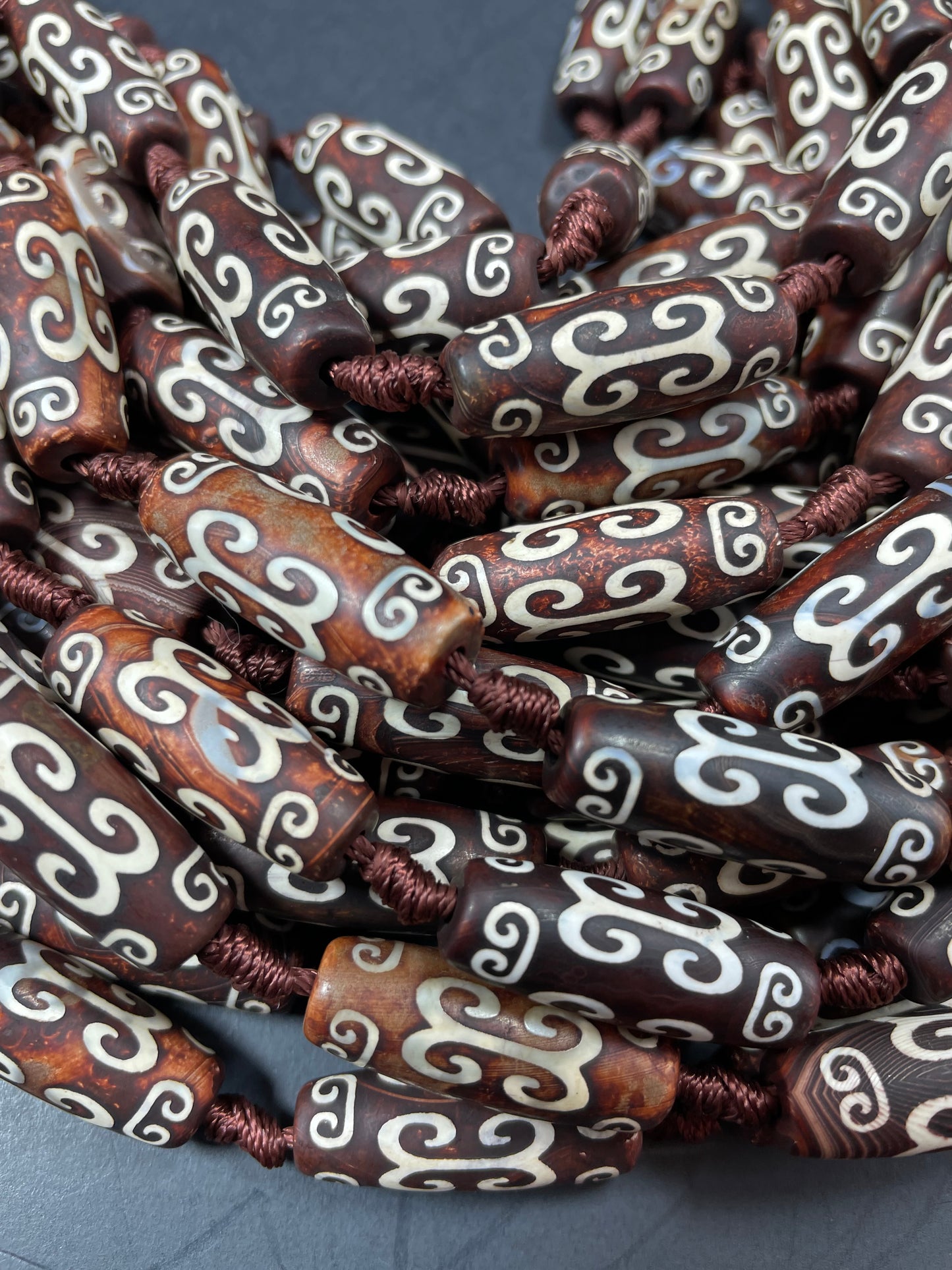 Natural Hand Painted Tibetan Agate Gemstone Beads 30x10mm, 40x15mm Barrel Tube Shape Bead 15.5"