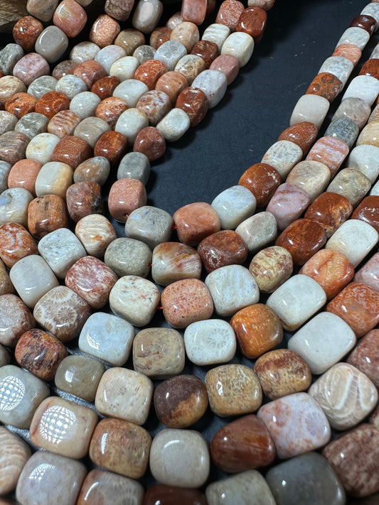 AAA Natural Fossilized Coral Agate Gemstone Beads 11x9mm Cube Shape, Brown Gray Beads, Great Quality Beads, Full length 15.5 inches