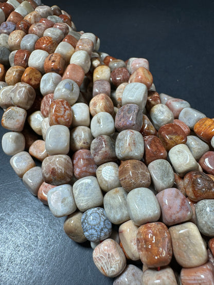 AAA Natural Fossilized Coral Agate Gemstone Beads 11x9mm Cube Shape, Brown Gray Beads, Great Quality Beads, Full length 15.5 inches