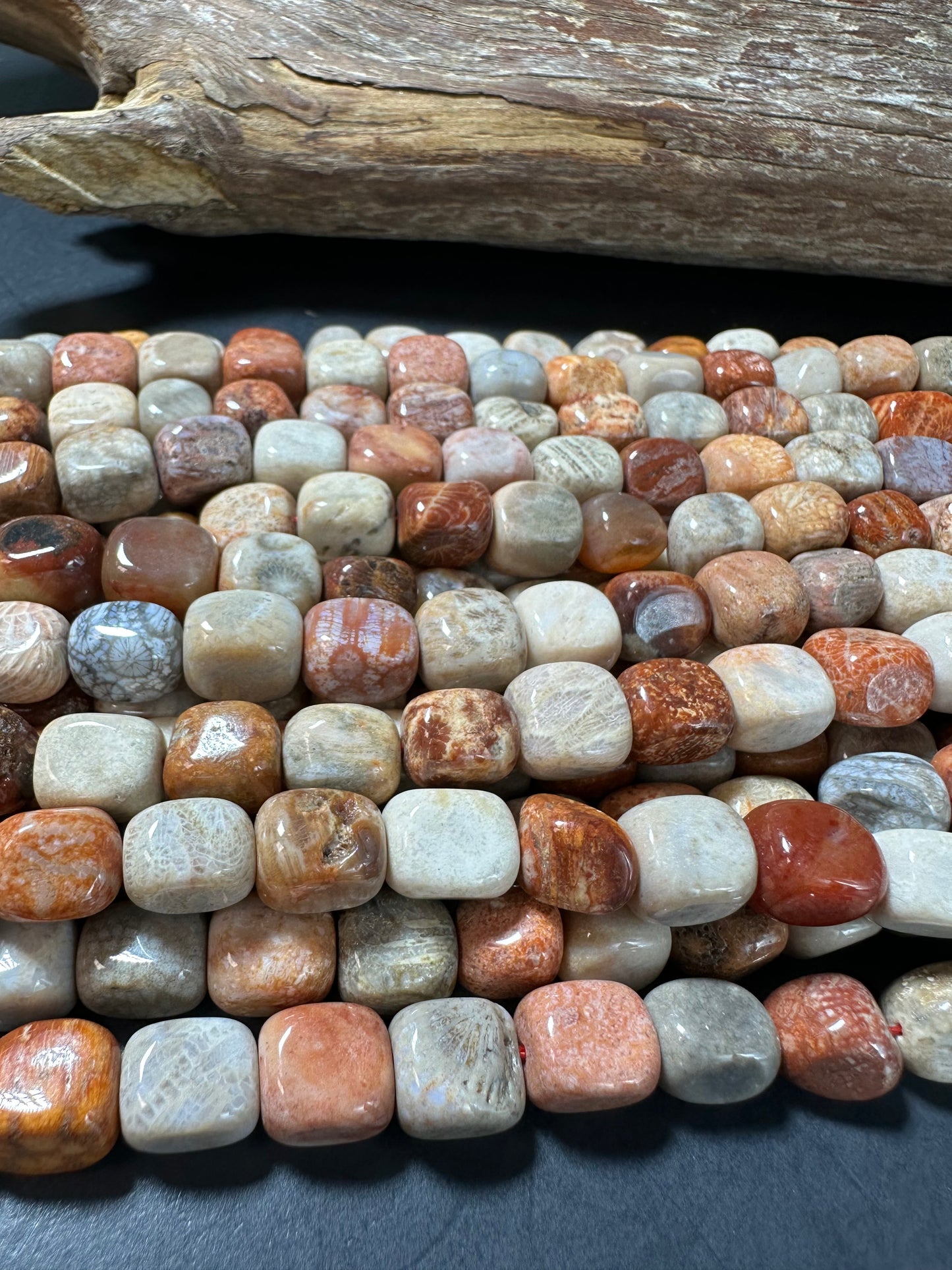 AAA Natural Fossilized Coral Agate Gemstone Beads 11x9mm Cube Shape, Brown Gray Beads, Great Quality Beads, Full length 15.5 inches