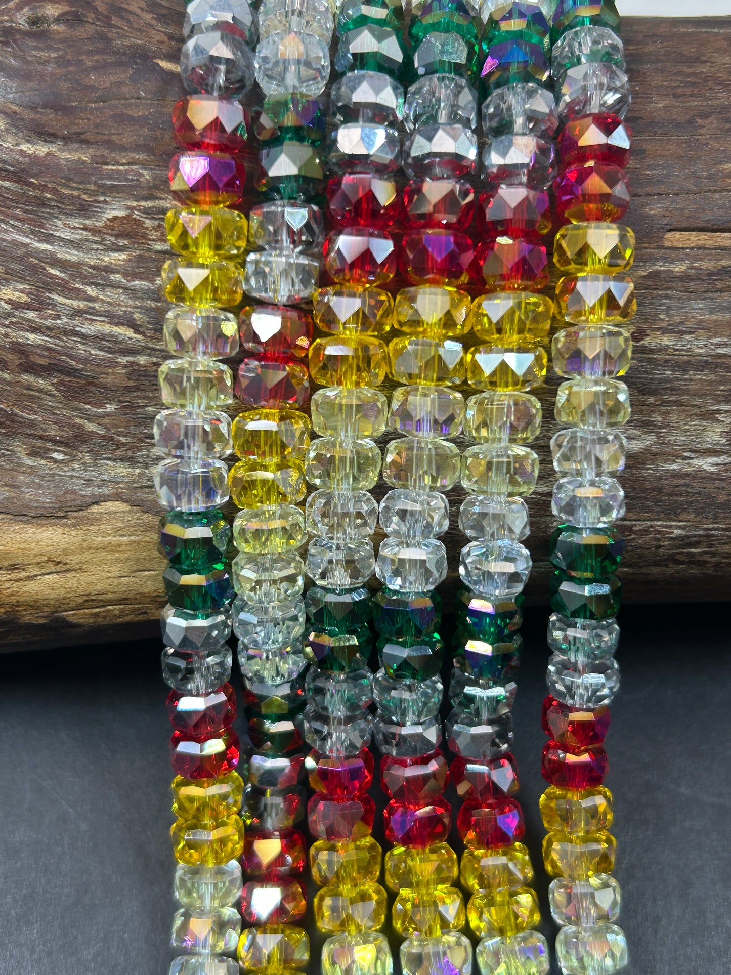 Beautiful Multi-color Crystal 7.5x4.5mm Faceted Rondelle Shape Gorgeous Mix of Red, Yellow, White, and Green Colors, Great Quality Glass!