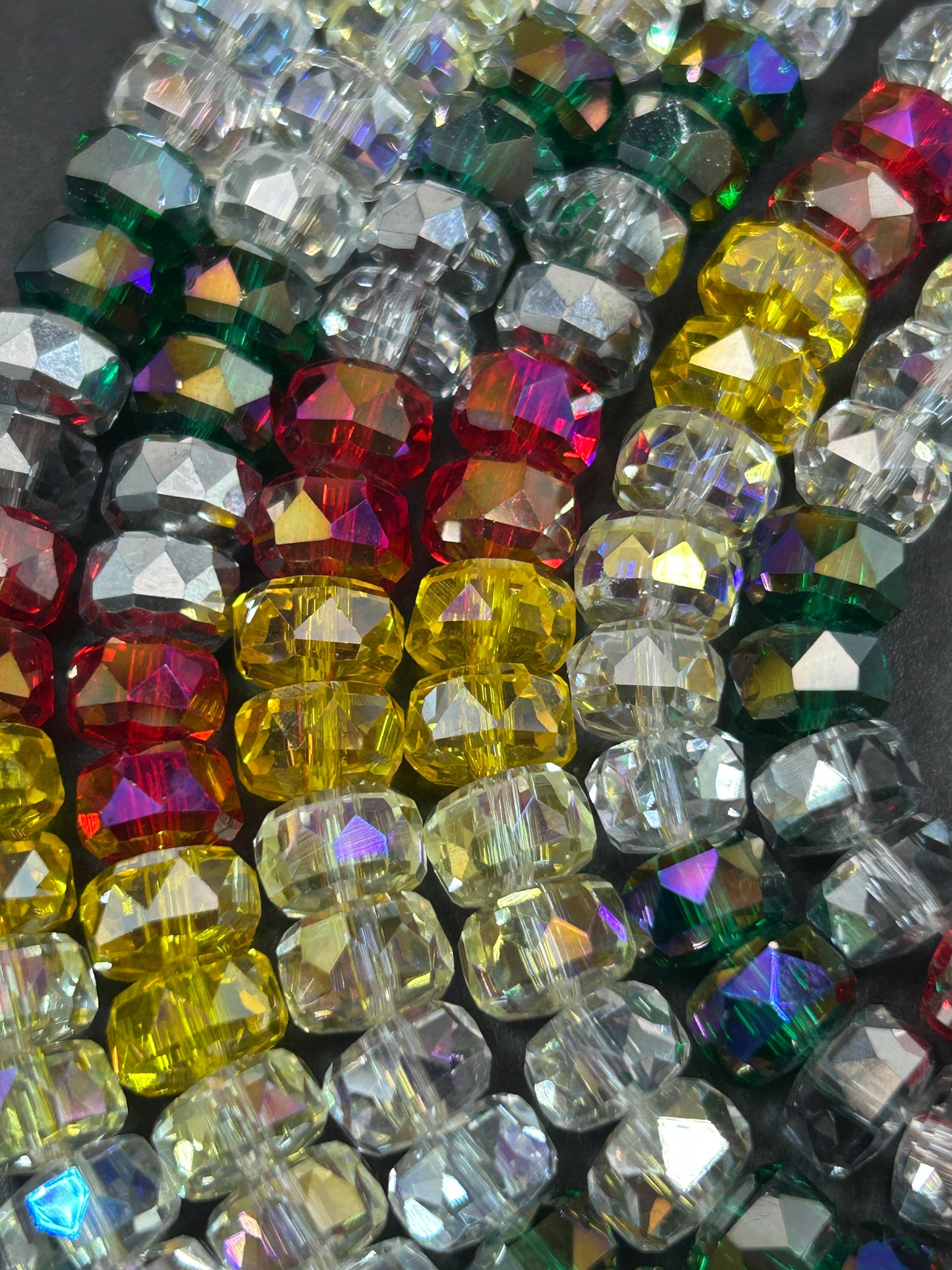 Beautiful Multi-color Crystal 7.5x4.5mm Faceted Rondelle Shape Gorgeous Mix of Red, Yellow, White, and Green Colors, Great Quality Glass!