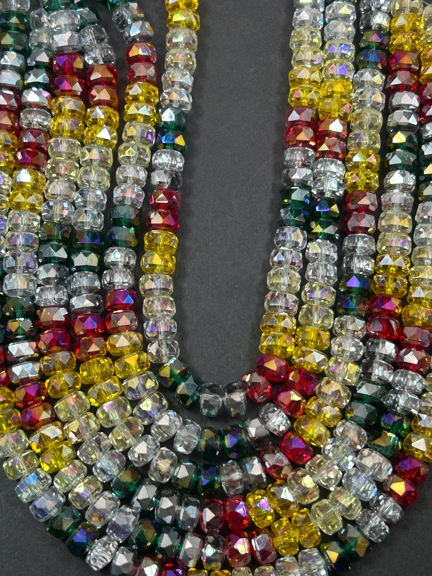 Beautiful Multi-color Crystal 7.5x4.5mm Faceted Rondelle Shape Gorgeous Mix of Red, Yellow, White, and Green Colors, Great Quality Glass!