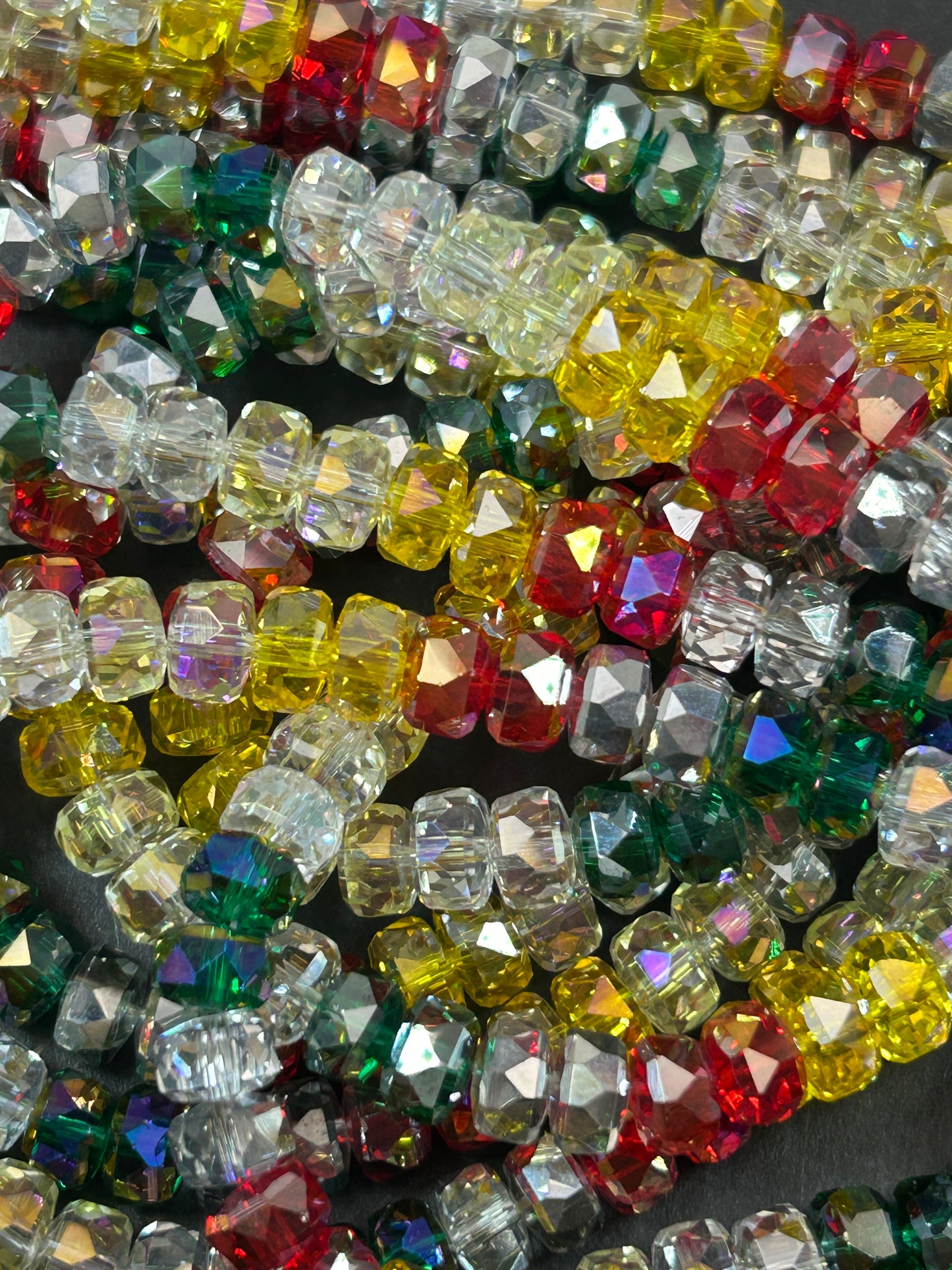 Beautiful Multi-color Crystal 7.5x4.5mm Faceted Rondelle Shape Gorgeous Mix of Red, Yellow, White, and Green Colors, Great Quality Glass!