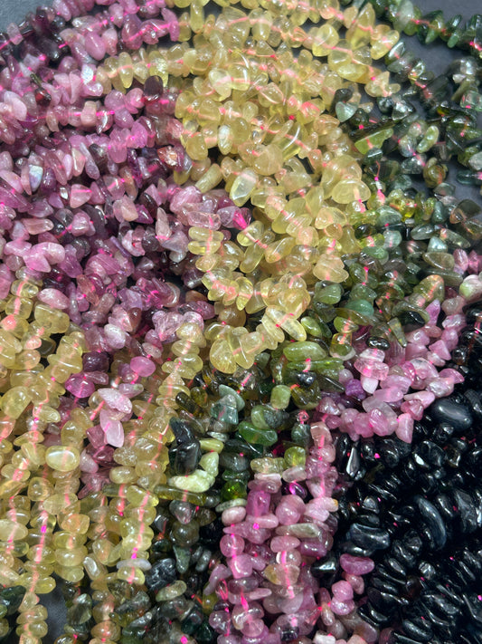 Tourmaline Gemstone Bead 6mm Freeform Chip Shape Beads, Light Natural Multicolor Tourmaline Gemstone Beads, Full Strand 15.5"