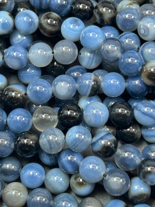 Natural Botswana agate bead. Smooth 10mm round bead. Gorgeous blue and black color Botswana gemstone bead. Full strand 15.5”