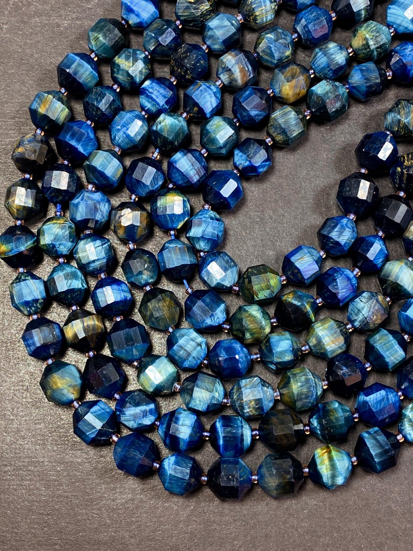 Natural blue tiger eye stone bead. Faceted 8mm diamond shape bead. Gorgeous natural navy blue tiger eye gemstone bead. Full strand 15.5