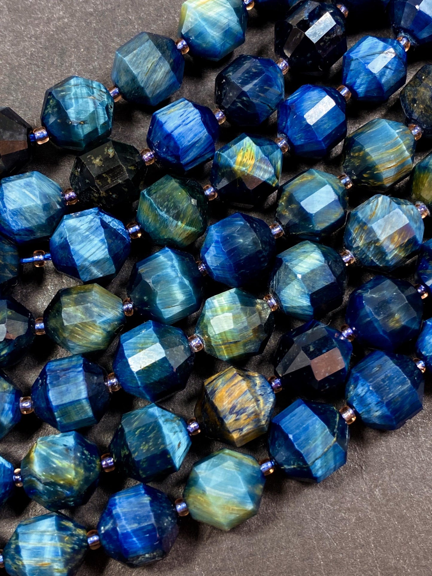 Natural blue tiger eye stone bead. Faceted 8mm diamond shape bead. Gorgeous natural navy blue tiger eye gemstone bead. Full strand 15.5