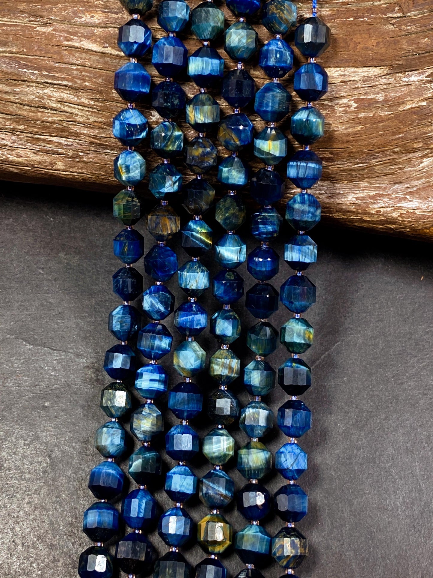 Natural blue tiger eye stone bead. Faceted 8mm diamond shape bead. Gorgeous natural navy blue tiger eye gemstone bead. Full strand 15.5