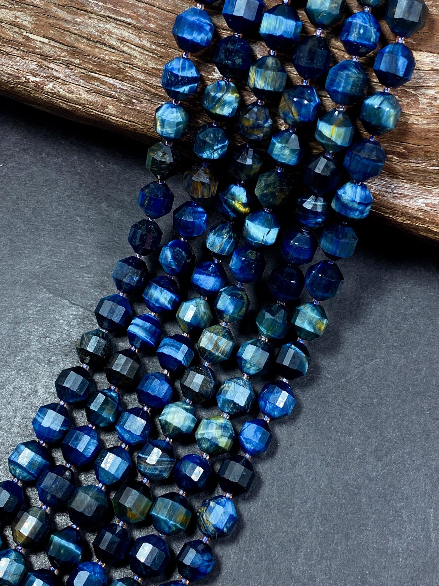 Natural blue tiger eye stone bead. Faceted 8mm diamond shape bead. Gorgeous natural navy blue tiger eye gemstone bead. Full strand 15.5