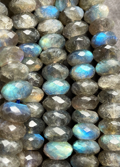 AA Natural Labradorite Gemstone Bead Faceted 7x3mm 5x8mm 6x9mm Rondelle Shape, Beautiful Natural Gray Color with Blue Rainbow Flash Labradorite Gemstone Bead Full Strand 15.5"