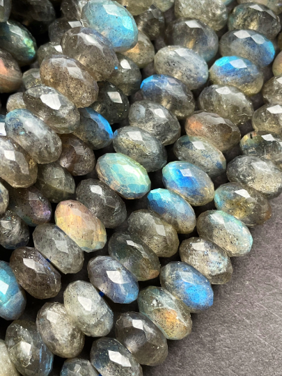 AAA Natural Labradorite Gemstone Bead Faceted 7x3mm 5x8mm 6x9mm Rondelle Shape, Beautiful Natural Gray Color with Blue Rainbow Flash Labradorite Gemstone Bead Full Strand 15.5"