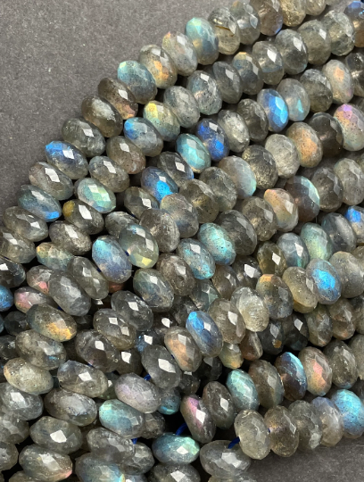 AAA Natural Labradorite Gemstone Bead Faceted 7x3mm 5x8mm 6x9mm Rondelle Shape, Beautiful Natural Gray Color with Blue Rainbow Flash Labradorite Gemstone Bead Full Strand 15.5"