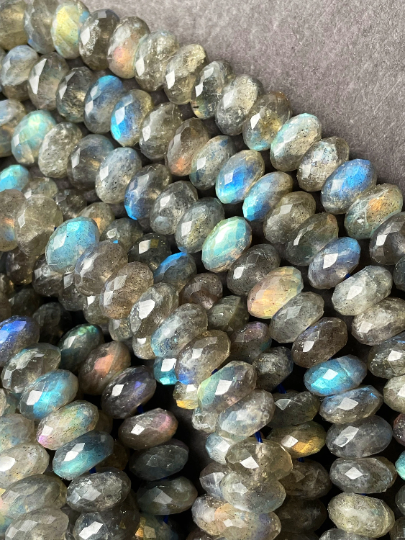 AAA Natural Labradorite Gemstone Bead Faceted 7x3mm 5x8mm 6x9mm Rondelle Shape, Beautiful Natural Gray Color with Blue Rainbow Flash Labradorite Gemstone Bead Full Strand 15.5"