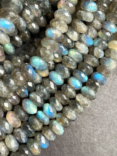 AA Natural Labradorite Gemstone Bead Faceted 7x3mm 5x8mm 6x9mm Rondelle Shape, Beautiful Natural Gray Color with Blue Rainbow Flash Labradorite Gemstone Bead Full Strand 15.5"