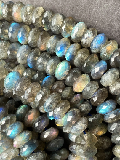 AAA Natural Labradorite Gemstone Bead Faceted 7x3mm 5x8mm 6x9mm Rondelle Shape, Beautiful Natural Gray Color with Blue Rainbow Flash Labradorite Gemstone Bead Full Strand 15.5"