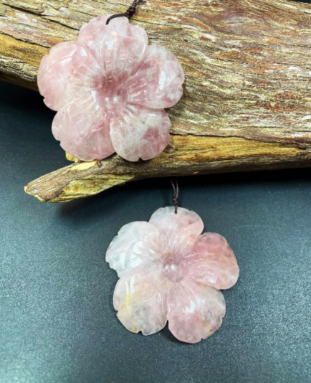 Hand Carved Rose Quartz Flower Pendant, Handmade Gemstone Pendant, 50mm Natural Pink Rose Quartz Gemstone Pendant