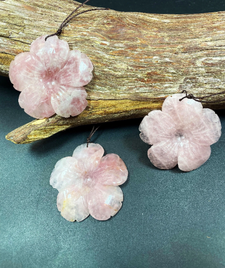 Hand Carved Rose Quartz Flower Pendant, Handmade Gemstone Pendant, 50mm Natural Pink Rose Quartz Gemstone Pendant